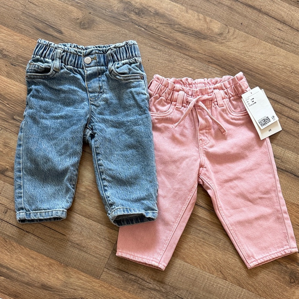 H&M/Cat & Jack Girls Blue and Pink Paper-bag Style Jeans Set